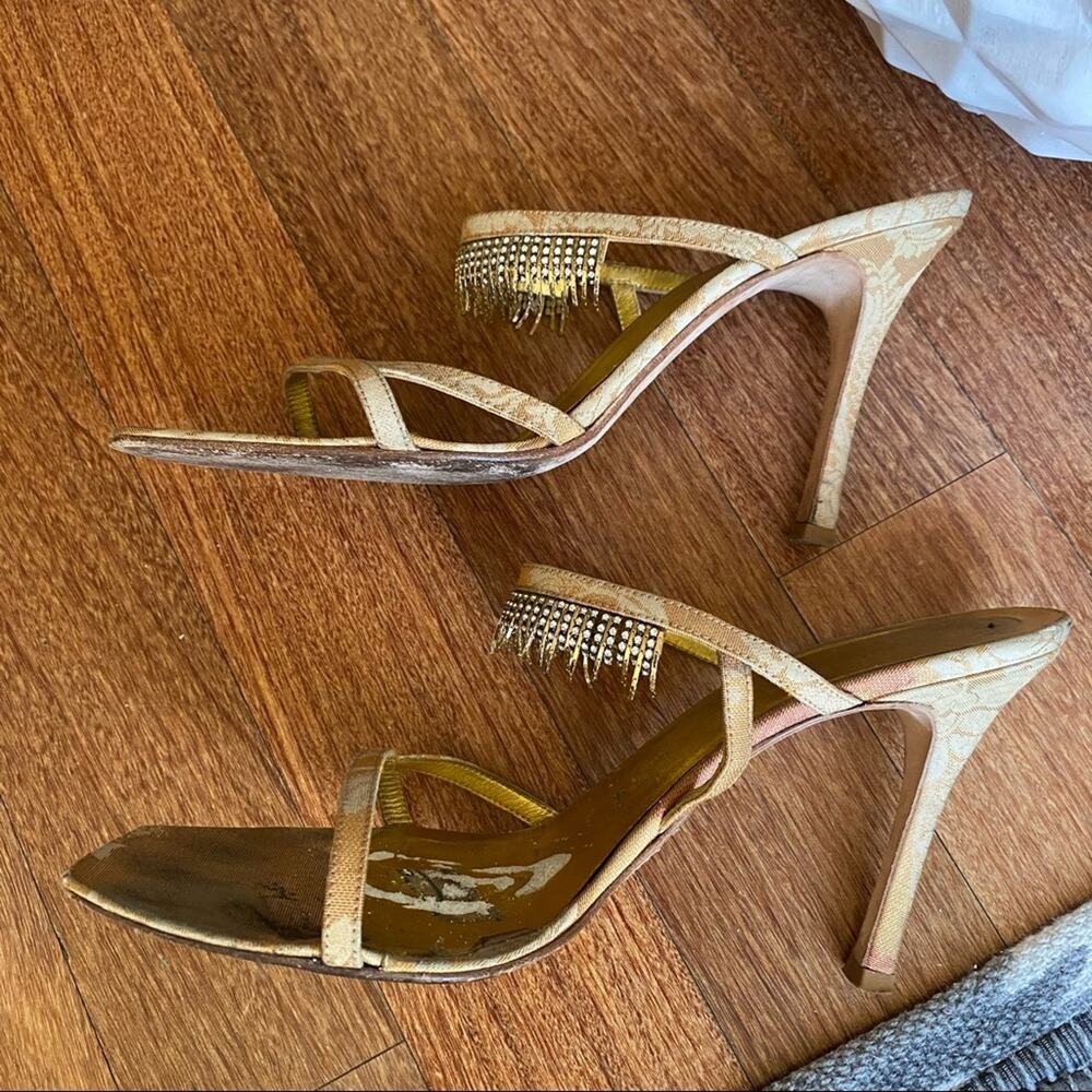 GUNMETAL Gold diamond fringe mule heels Size 8.5 fits size 8